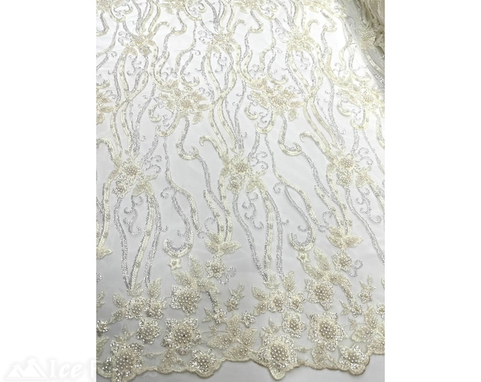Ivory Floral Beaded Fabric By The Yard | Lace Fabric Embroidery Sequin Fabric with Beads on Mesh Fabric