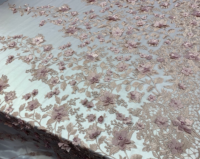 3D Pearls Flowers/Floral London Design Beaded Embroidered Mesh Lace Handmade Fabric By The Yard/ Tablecloths/ Veil/Decor/Skirts.(Dusty Rose)