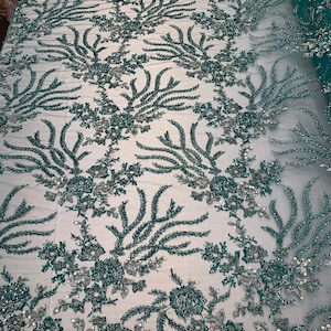 Beaded Mesh Lace Fabric By The Yard Embroidery Bridal Lace Handmade Floral Design  Big Luxury Flowers Sequins (JADE/Turquoise