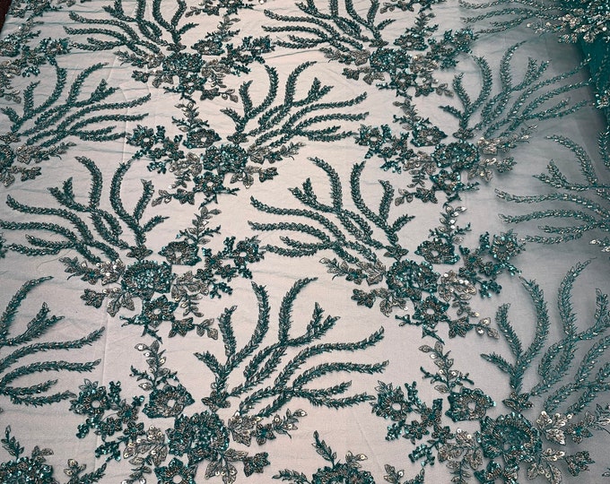 Beaded Mesh Lace Fabric By The Yard Embroidery Bridal Lace Handmade Floral Design  Big Luxury Flowers Sequins (JADE/Turquoise