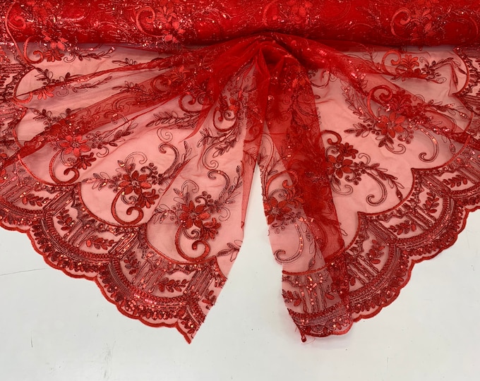 Red_ Metallic Flowers Sequins On A Mesh Lace Fabric// Lace By The Yard//Floral Embroider Lace For Tablecloths,Costumes,Decorations,Runners