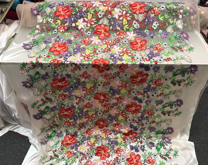 Multi color Design Beaded Mesh Lace Fabric Bridal Wedding Sold By Yard clothing, jackets, dresses,skirts, applications, table covers runners