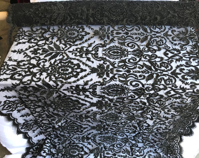 BLACK- Lace By The Yard Embroidered Lace With Beads And Sequins French Bridal Veil Wedding Decoration Home tablecloths women fashion dress