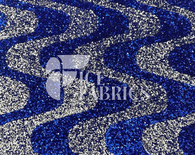 Wavy Sequin Stretch Velvet Fabric by The Yard - 60" Wide Royal Silver on Blue Velvet for Apparel, Costume, Decor