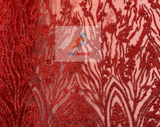 RED_ MINI Flowers/Floral Beaded Fabric By The Yard//Embroidered Mesh Lace with Beads_ For Wedding Dresses, Prom Dress, Bridal Gowns,Fashion