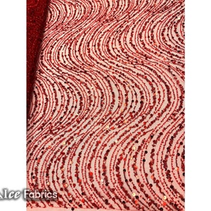 Red Wavy Embroidered Beaded Sequin Fabric By The Yard | Lace Beaded Fabric On Mesh Fabric | Fashion Fabric | Dress Wedding