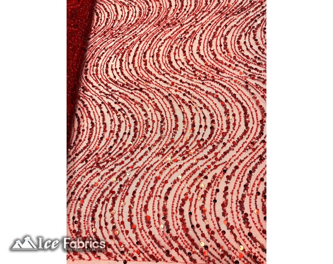 Red Wavy Embroidered Beaded Sequin Fabric By The Yard | Lace Beaded Fabric On Mesh Fabric | Fashion Fabric | Dress Wedding