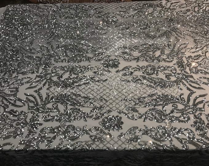 NEW Silver Design sequins 4 way stretch on A MESH lace Sold By the yard for decorations fashion wedding prom dresses, tablecloth night gowns