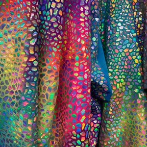 Rainbow Iridescent Sequin - 4 Way Stretch Nylon Poly Spandex Fabric By the Yard- Shiny Hologram Multi-color (Neon Yellow, Pink, Blue, Green)