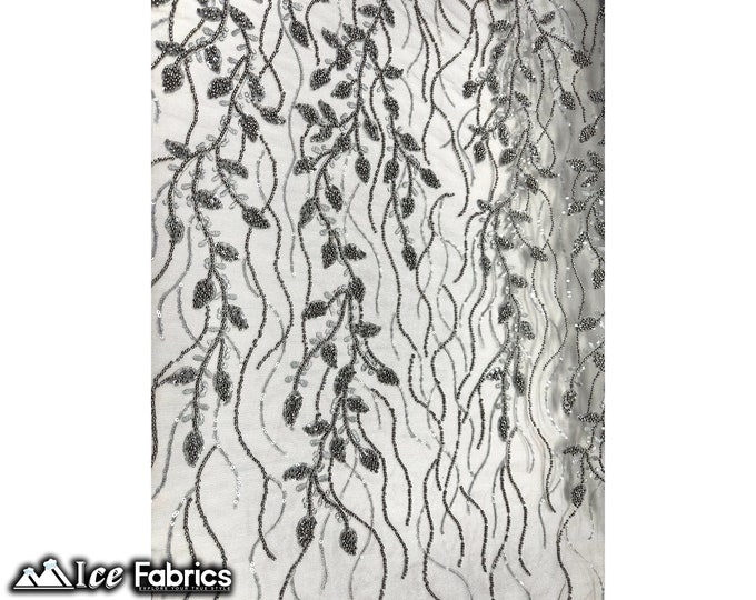 Charcoal Gray Beaded Embroidered Fabric By The Yard Floral Flowers Sequin Handmade Lace Fabric on mesh Fabric