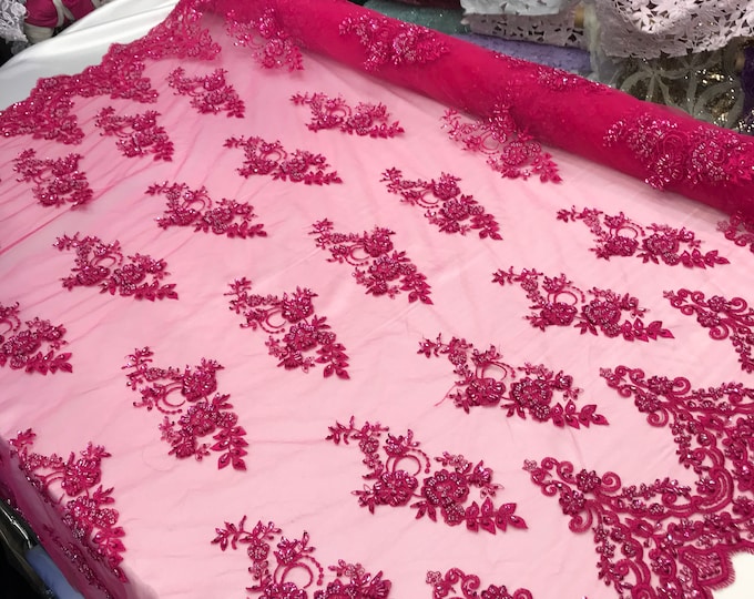 Fuchsia- Beaded Mesh Lace Fabric By The Yard Embroidered Fabric Embroidery Lace Floral Lace Wedding Dresses/Prom Dresses/ Night Gowns