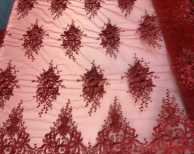 Hand Made Mesh Lace Embroidery Fabric By The Yard (Burgundy) Flowers/Floral Lace Soft Mesh For Tablecloths, Runners, Skirts, Costumes, Decor