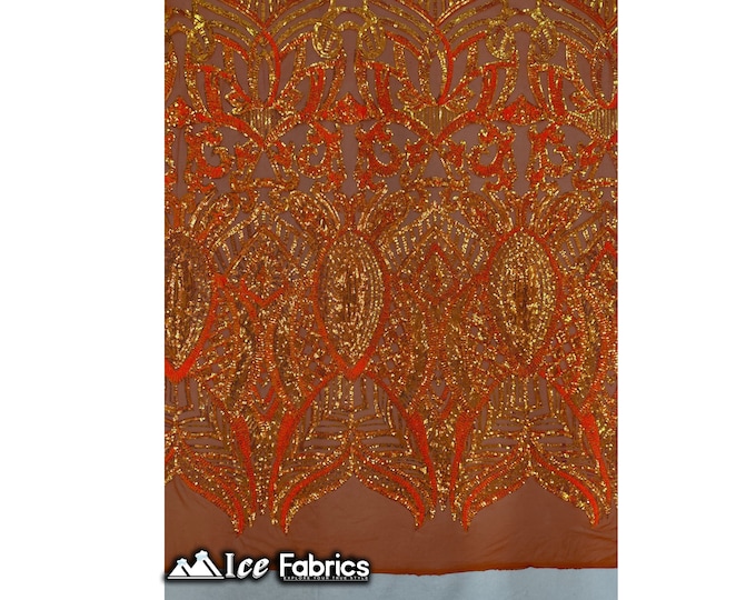 Luxury Sequin Fabric By The Yard | Iridescent Orange Power mesh | 4 Way Stretch Lace Fabric | Prom Dress (B I G)