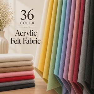 May include: A collection of 36 colors of acrylic felt fabric displayed in a stack and hanging sheets. The text 36 COLOR Acrylic Felt Fabric is visible. The fabric sheets feature a soft, matte texture in shades of white, yellow, green, blue, purple, pink, red, gray, and black.