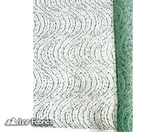 Mint Green Wavy Embroidered Beaded Sequin Fabric By The Yard | Lace Beaded Fabric On Mesh Fabric | Fashion Fabric | Dress Wedding