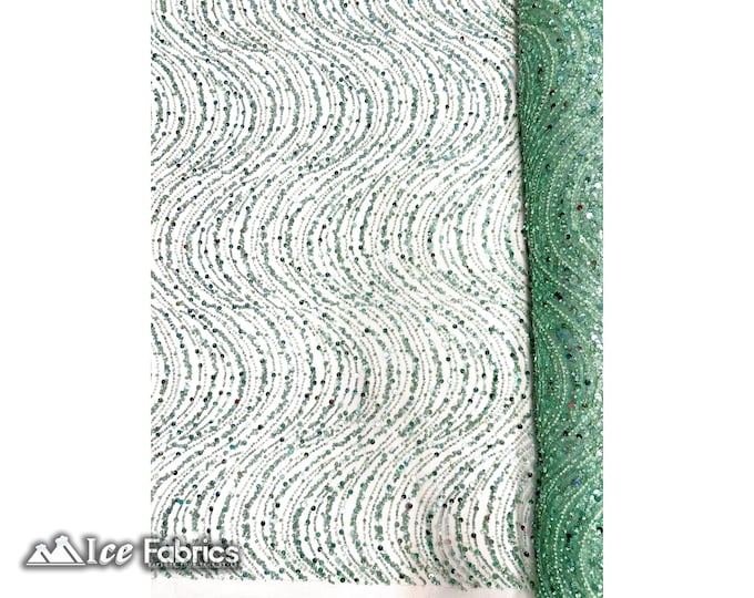 Mint Green Wavy Embroidered Beaded Sequin Fabric By The Yard | Lace Beaded Fabric On Mesh Fabric | Fashion Fabric | Dress Wedding