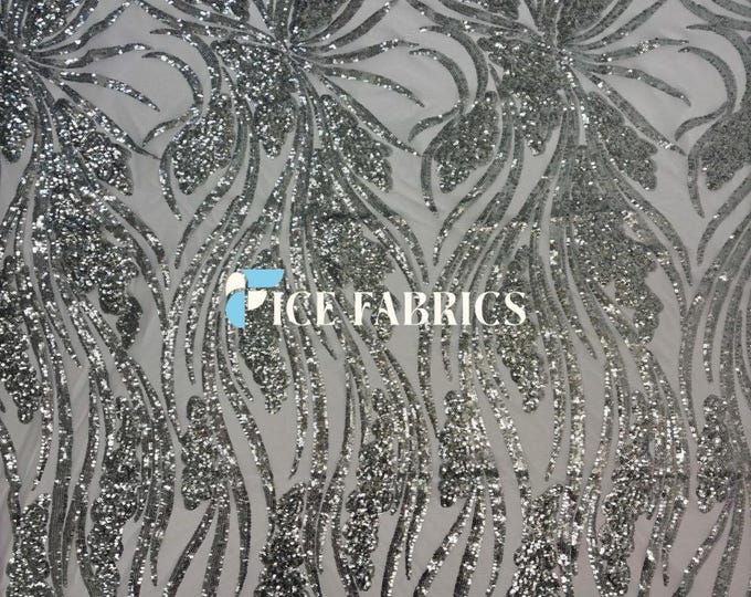 Elegant Feather Silver Sequin Fabric By The Yard Stretch Mesh Spandex Fabric Sequin Mesh Fabric Wedding Dress, Prom Dress