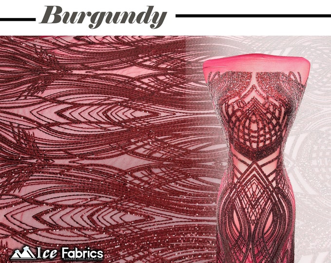 Peacock Burgundy 4 Way Stretch Sequins Fabric By The Yard Burgundy Mesh nylon Spandex Fabric | With Embroidery Sequin Lace Fabric