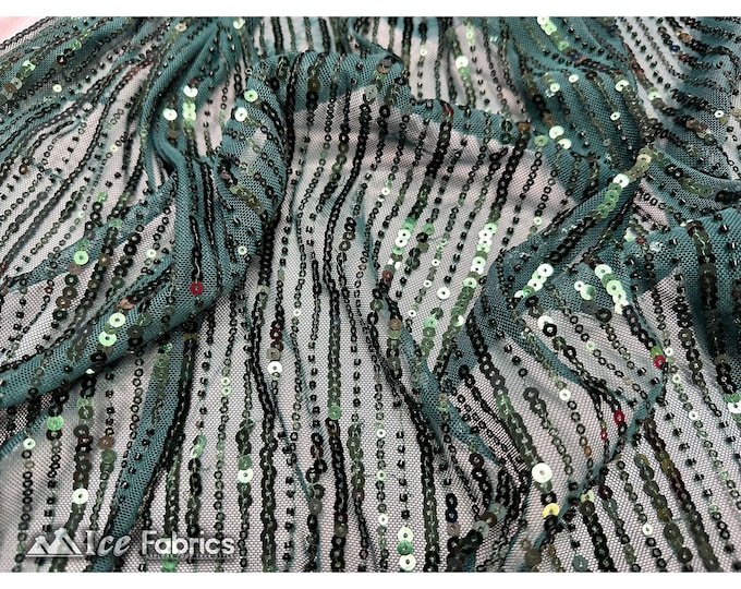 Hunter Green Stripe Sequin Fabric By The Yard | Embroidery Stretch sequin beaded fabric with Mesh Spandex