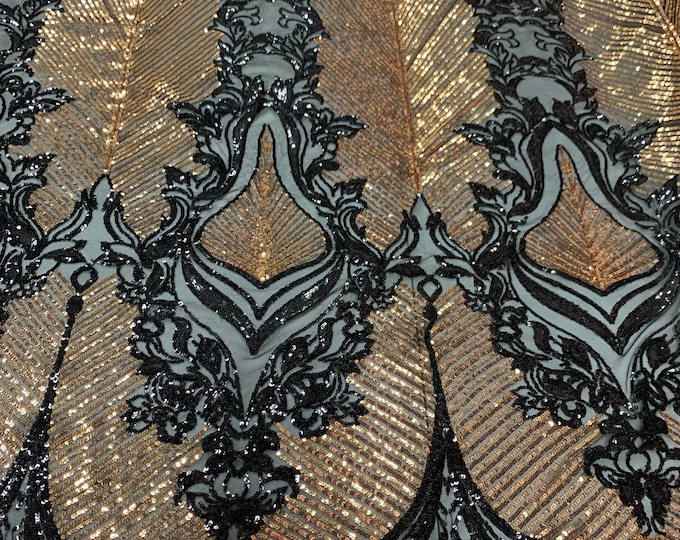 Black Gold Spandex Fabric- 4 Way Stretch Sequin Fabric By The Yard- Embroidered Fabric- Lace Sequin FABRIC On Black Mesh Fabric