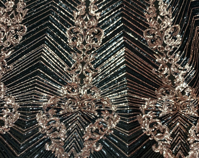 Rose Gold- Embroidered Fabric- 4 Way Stretch SEQUIN FABRIC  By The Yard _ Spandex Fabric- Mesh Sequin Fabric_ Lace Fabric