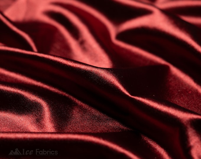 Burgundy 4 way stretch Silky Spandex Satin Fabric By The Yard | Shiny Satin Fabric | 60” Wide | Thick and Heavy Satin Spandex