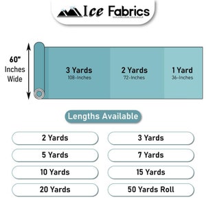 May include: A chart showing the available lengths and widths of fabric. The fabric is 60 inches wide and comes in lengths of 1, 2, and 3 yards. The available lengths are 2, 3, 5, 7, 10, 15, 20, and 50 yards.