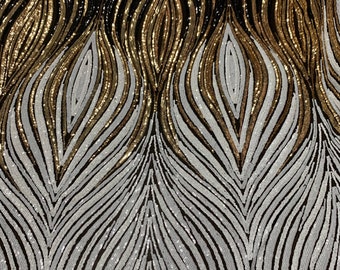 Elegant Wavy Sequins_Embroidery 4 Way STRETCH SEQUINS Geometric Lace Fabric On Spandex Black Mesh Sold By The Yard.(White, Gold, Navy Black)