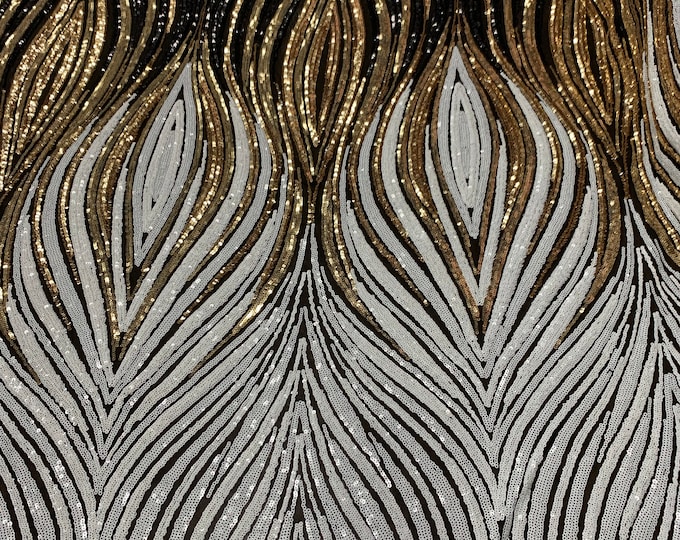 Elegant Wavy Sequins_Embroidery 4 Way STRETCH SEQUINS Geometric Lace Fabric On Spandex Black Mesh Sold By The Yard.(White, Gold, Navy Black)