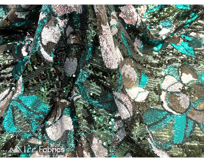 Hunter Green Floral Sequin Fabric By The Yard | On 4 way Spandex Mesh Fabric Embroidery Lace Fabric | Sequin Flowers