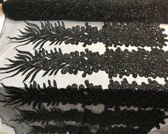 Black_ Feathers Peacock 3D Beaded Embroidery Mesh Lace Fabric (Sold By One Panel) Prom Dress, Wedding Dress, Night Gowns.