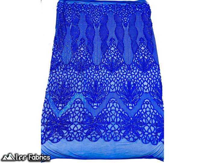 Royal Blue 4 Way Stretch Sequin fabric by the yard | Embroidery Lace Fabric On Mesh Spandex Sequin Fabric