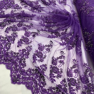 Purple_ Embroidered French Flowers Mesh Lace Fabric Sold BY The Yard/ HANDMADE Lace Floral Design For Prom Dresses/ Bridal Lace/ Night Gowns