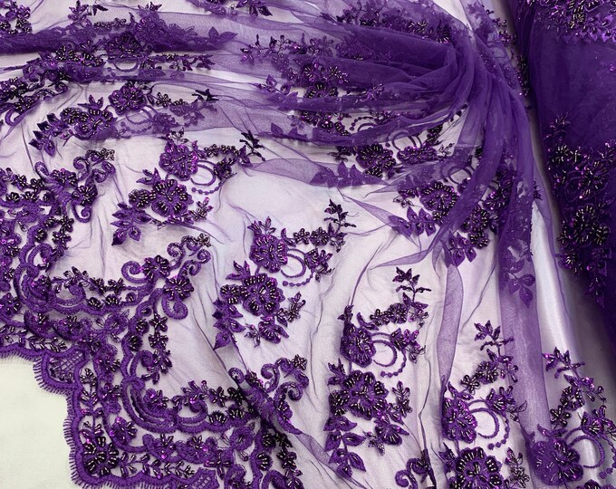 Purple_ Embroidered French Flowers Mesh Lace Fabric Sold BY The Yard/ HANDMADE Lace Floral Design For Prom Dresses/ Bridal Lace/ Night Gowns