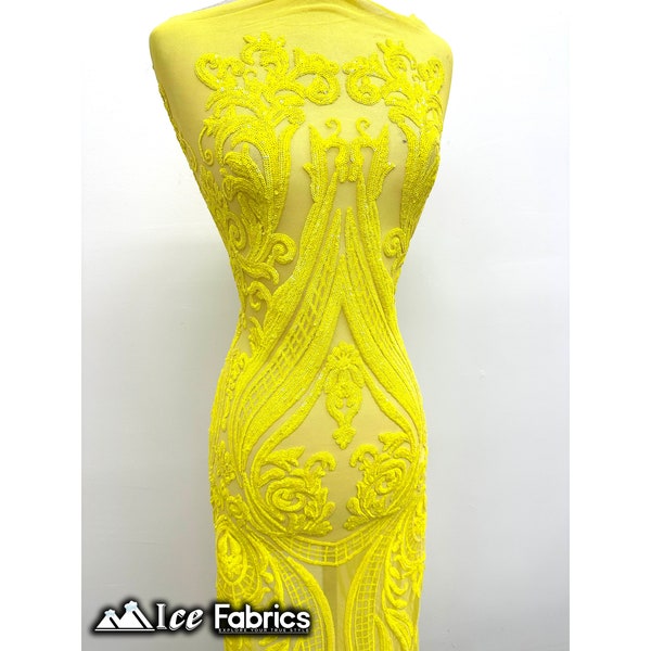 Yellow Damask Sequin Fabric By The Yard | Yellow Mesh 4 Way Stretch Sequin Fabric | 60” Wide | Embroidered Lace Fabric | EGP