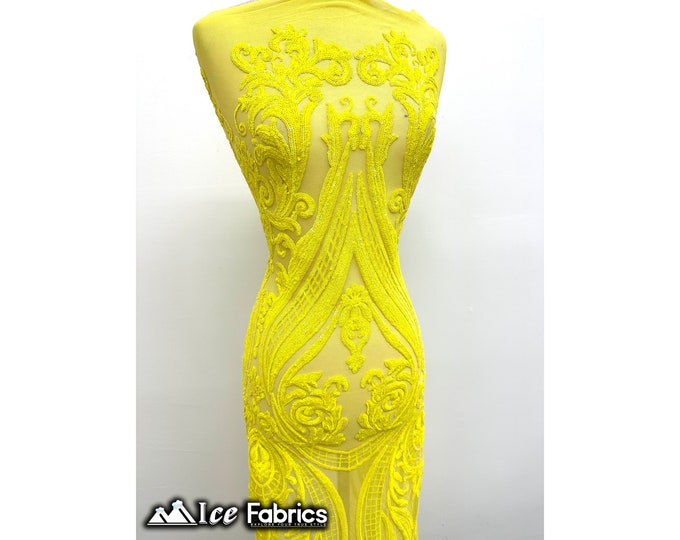 Yellow Damask Sequin Fabric By The Yard | Yellow Mesh 4 Way Stretch Sequin Fabric | 60” Wide | Embroidered Lace Fabric | EGP