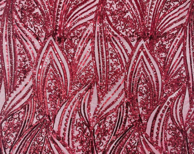Burgundy Damask Stretch Sequin Fabric By The Yards (MT) Embroidery Sequin Mesh Fabric Prom Dress Fabric
