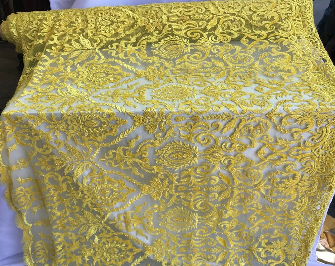 Yellow Design Beaded Mesh Lace Fabric Bridal Wedding Sold By Yard clothing, jackets, dresses,skirts, applications, table covers, runners