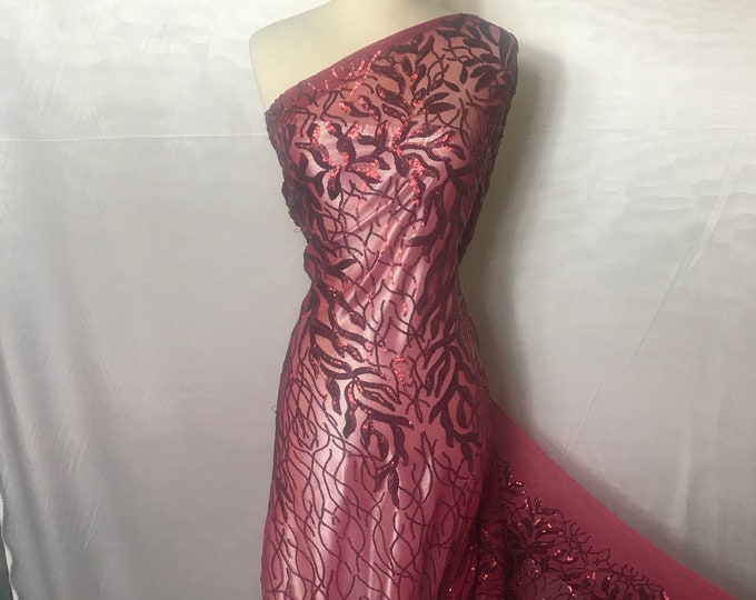 Burgundy 4 WAY STRETCH Sequins On A Mesh Lace By The Yard.Wedding Prom dresses Tablecloths,Decorations,fashion Embroidery Night gowns,Skirts