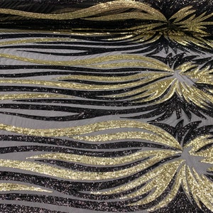 Gold,Black_ FEATHER French Sequins// Spandex Mesh 4 Way Stretch Sequins Spandex Mesh Lace Fabric By THE Yard//Sequins Stretch Prom Lace