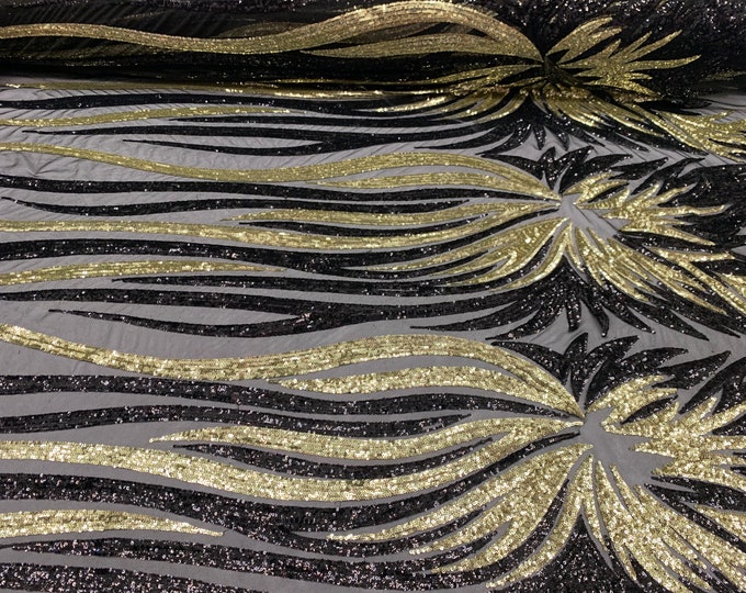Gold,Black_ FEATHER French Sequins// Spandex Mesh 4 Way Stretch Sequins Spandex Mesh Lace Fabric By THE Yard//Sequins Stretch Prom Lace