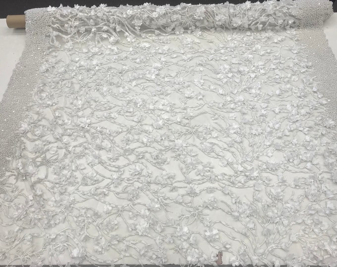 Ivory Design Beaded Mesh Lace Fabric Bridal Wedding Sold By Yard clothing, jackets, dresses,skirts, applications, table covers, runners