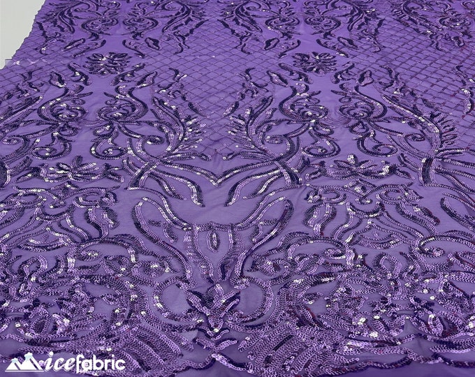 Mia Geometric Sequin Fabric By The Yard | 4 Way Stretch Fabric | Sequin Geometric Embroidery Fabric | Purple
