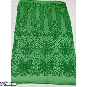 Neon Kelly Green 4 Way Stretch Sequin fabric by the yard | Embroidery Lace Fabric On Mesh Spandex Sequin Fabric