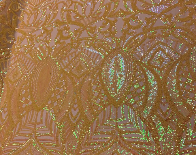 London Design Geometric Embroidered 4 Way Stretch Sequins ON  Spandex Mesh Lace Fabric By The Yard/ Color (Yellow Iridescent )
