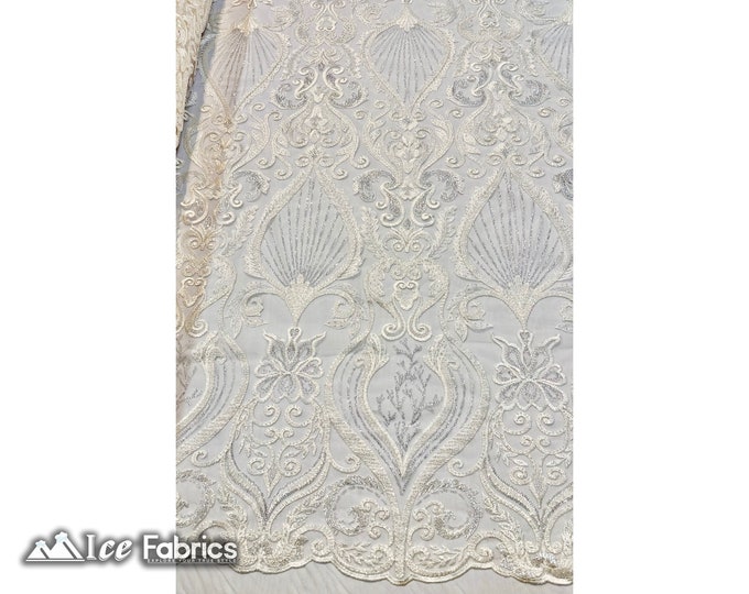 Luxurious Ivory Embroidered Beaded Fabric By The Yard | Handmade beads Lace on Mesh Fabric | Damask Beaded