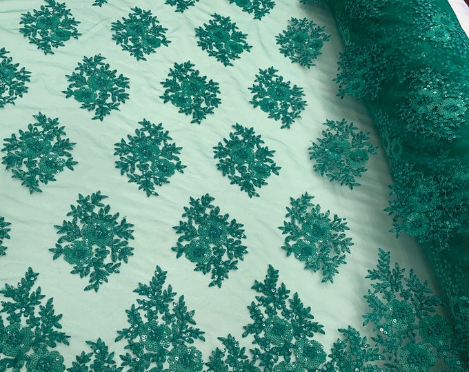 Hunter Green_ Floral Lace Fabric By Yard_ Embroidered Corded Metallic Flowers On Mesh Lace Fabric With Sequins_ Costumes ,Gowns, Tablecloths