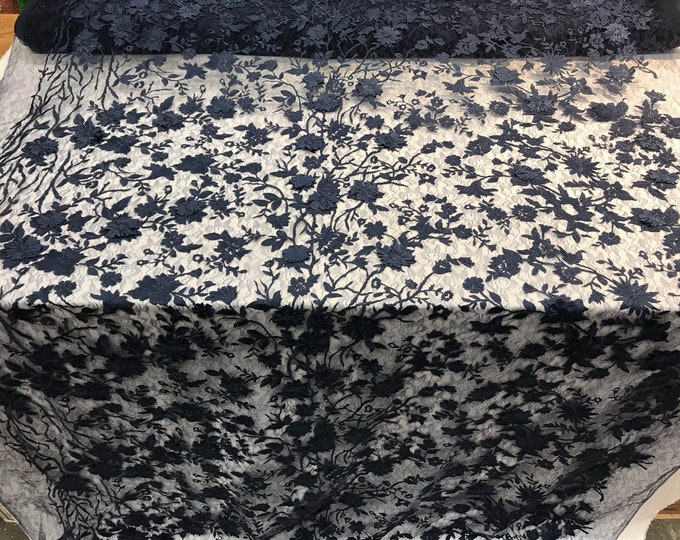 3D Flower(NAVY BLUE)Mesh Lace Leaf Embroidered by the yard. Veil Fashion Floral wedding prom dress,tablecloths,runners,skirts,customs, decor