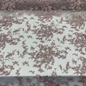 Beaded Mesh Lace Fabric for By Yard Embroidery Bridal Lace Handmade Floral Design With Big Luxury Flowers Sequins (Dusty Rose