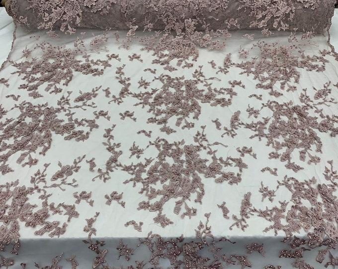 Beaded Mesh Lace Fabric for By Yard Embroidery Bridal Lace Handmade Floral Design With Big Luxury Flowers Sequins (Dusty Rose